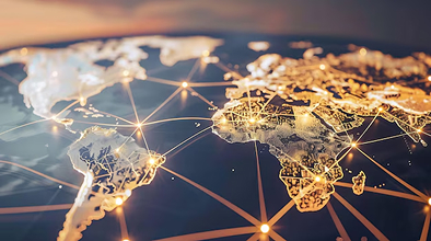 Un mapa global que conecta los continentes con rayos de luz.
