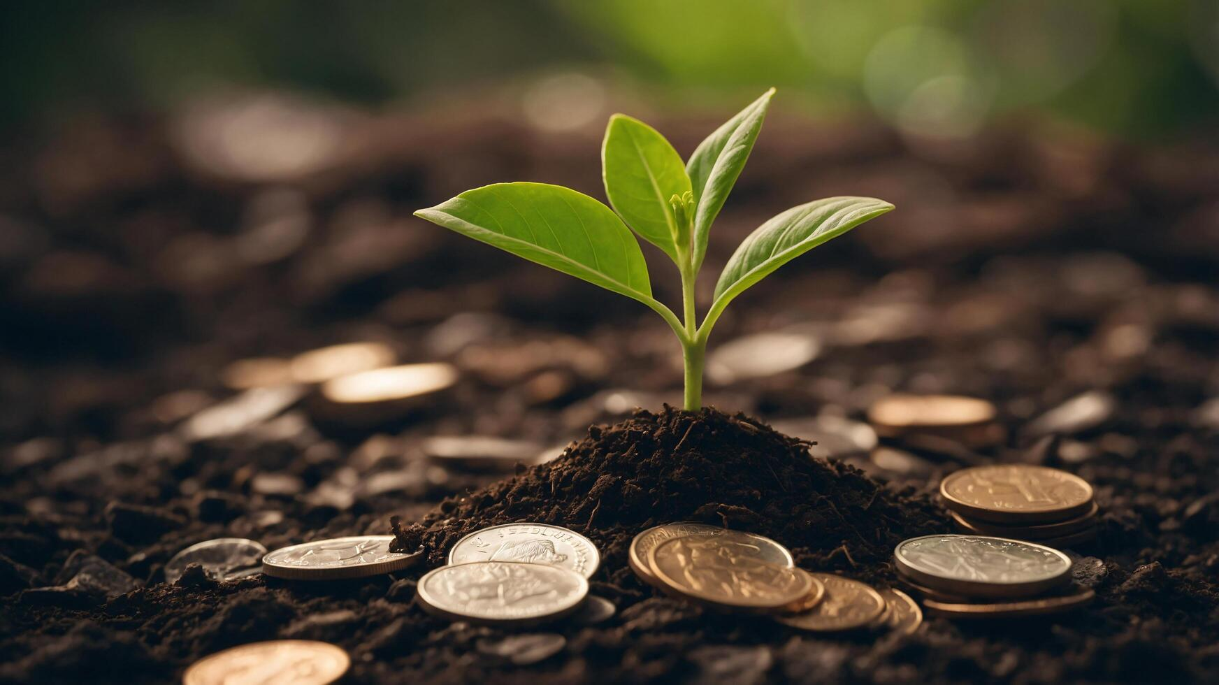 Una pequeña planta que brota del suelo con monedas alrededor